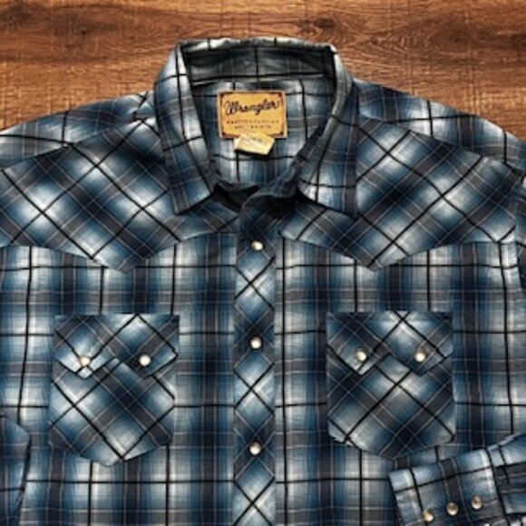 Wrangler‎ Blue Plaid Long Sleeve Western Pearl Snap Mens Size XXL - Picture 5 of 11